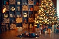 Beautiful holiday decorated room with Christmas tree, out of focus shot for photo background Royalty Free Stock Photo