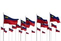 Beautiful holiday flag 3d illustration - many Liechtenstein flags in a row isolated on white with empty space for content