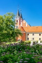 Beautiful Holy Mary church pilgrimage destination in Mariagyud Hungary with flowers