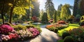 Beautiful home garden or park in summer, scenery of upscale landscaped house backyard. Scenic view of tiled path, flowers and