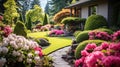 Beautiful home garden in summer, luxury landscaped backyard. Scenic view of flowers, trimmed bushes, green plants and rocks.