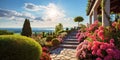 Beautiful home garden at sunset, scenic path and stairs in luxury backyard in summer. Landscape design with flowers, tile and