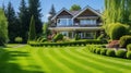 Beautiful Home With Green Grass Yard. Luxury house. generative ai Royalty Free Stock Photo