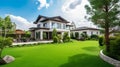 Beautiful Home With Green Grass Yard. Luxury house. generative ai Royalty Free Stock Photo