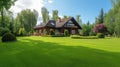 Beautiful Home With Green Grass Yard. Luxury house. generative ai Royalty Free Stock Photo
