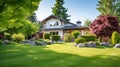 Beautiful Home With Green Grass Yard. Luxury house. generative ai Royalty Free Stock Photo