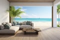 beautiful home interior space wooden floor with ocean seaside sea sand beach summer freshness travel season window view Royalty Free Stock Photo