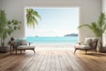 beautiful home interior space wooden floor with ocean seaside sea sand beach summer freshness travel season window view Royalty Free Stock Photo