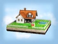 Beautiful home for sale realestate sign. Little cottage on a piece of earth in cross section. 3D illustration. Royalty Free Stock Photo