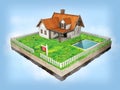 Beautiful home for sale realestate sign. Little cottage on a piece of earth in cross section. 3D illustration. Royalty Free Stock Photo