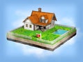 Beautiful home for sale realestate sign. Little cottage on a piece of earth in cross section. 3D illustration. Royalty Free Stock Photo