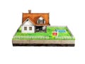 Beautiful home for sale realestate sign. Little cottage on a piece of earth in cross section. 3D illustration. Royalty Free Stock Photo