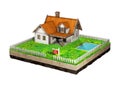 Beautiful home for sale realestate sign. Little cottage on a piece of earth in cross section. 3D illustration. Royalty Free Stock Photo