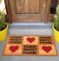 Beautiful Home sweet home peach color coir doormat with hearts Placed outside door with yellow flowers and green leaves Royalty Free Stock Photo