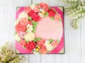 Beautiful homemade cake. Cake decorated with red and pink rose and flora with butterfly for birthday Royalty Free Stock Photo