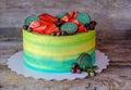 Beautiful homemade cake with yellow and green cream