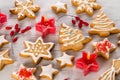 Beautiful homemade Christmas cookies with white icing, red candles and berries on wooden background, close-up Royalty Free Stock Photo