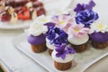 Beautiful homemade cupcakes with purple, white and pink marzipan flowers on top