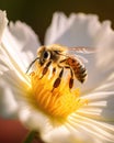 A beautiful honey bee collects nectar from a white flower in the garden close-up shot, soft morning light, Generative AI Royalty Free Stock Photo