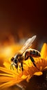 Beautiful honey bee on a flower close-up macro, Generative AI