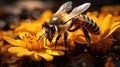 Beautiful honey bee on a flower close-up macro, Generative AI