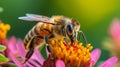 Beautiful honey bee on a flower, close-up macro shot captures intricate details, Ai Generated