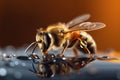 Beautiful honey bee with realistic body macro view. Honey collector bee, sucking honey drops. Bee on the honey surface, collecting