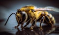 Beautiful honey insect with one antennae on the head. Macro shot of a bee sitting on wet surface. Generative AI