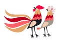 Beautiful horizontal card with stylized chickens - funny rooster and hen, isolated on white background in vector