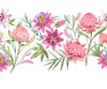 Beautiful horizontal seamless floral pattern with watercolor summer passionflower and waratah protea flowers. Stock