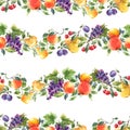 Beautiful horizontal seamless pattern with hand drawn watercolor tasty summer pear apple grape cherry plum fruits. Stock Royalty Free Stock Photo