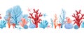 Beautiful horizontal seamless underwater pattern with watercolor starfish and corals. Stock illustration.