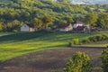 Beautiful horizontal shot of a green field with bushes, trees, and small houses in the countryside