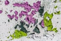 Beautiful horizontal texture of part of shabby old concrete wall painted in white and pink and green blue color with