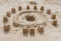 Beautiful horizontal texture of yellow sand with Castle and towers is in the photo Royalty Free Stock Photo