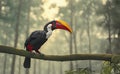 Beautiful hornbill bird on branch of tree in forest, AI generated Royalty Free Stock Photo