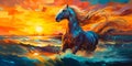 Beautiful horse on the beach in the ocean waves painting Royalty Free Stock Photo