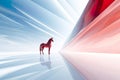 beautiful horse in a big futuristic space, symbolizing dynamic innovation and forward-thinking in business.