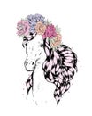 A beautiful horse in a flower wreath. Roses and peonies. Vector illustration.