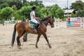 Beautiful horse and jokey in action at horse race track with obstacle equipment at hippodrome