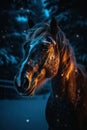 Beautiful horse portrait in the snowy winter forest with falling snow. Generative AI Royalty Free Stock Photo