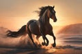 Beautiful Horse running on a beach at sunset. Stallion Running on the beach splashing waves at sunrise. Ai generated Royalty Free Stock Photo