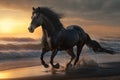 Beautiful Horse running on a beach at sunset. Stallion Running on the beach splashing waves at sunrise. Ai generated Royalty Free Stock Photo