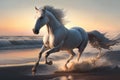 Beautiful Horse running on a beach at sunset. Stallion Running on the beach splashing waves at sunrise. Ai generated Royalty Free Stock Photo