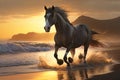 Beautiful Horse running on a beach at sunset. Stallion Running on the beach splashing waves at sunrise. Ai generated