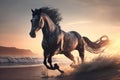 Beautiful Horse running on a beach at sunset. Stallion Running on the beach splashing waves at sunrise. Ai generated Royalty Free Stock Photo