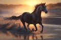 Beautiful Horse running on a beach at sunset. Stallion Running on the beach splashing waves at sunrise. Ai generated Royalty Free Stock Photo