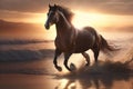 Beautiful Horse running on a beach at sunset. Stallion Running on the beach splashing waves at sunrise. Ai generated Royalty Free Stock Photo