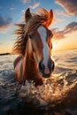 A beautiful horse swims in the water, in the sea. Close-up portrait of a brown horse. Royalty Free Stock Photo