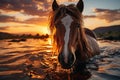 A beautiful horse swims in the water, in the sea. Close-up portrait of a brown horse. Royalty Free Stock Photo